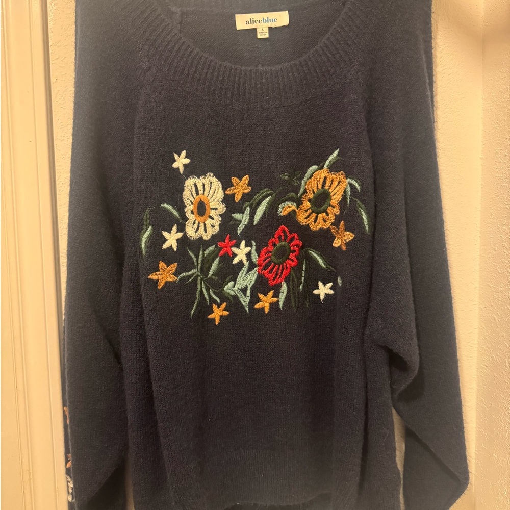 Navy Floral Embroidered Women's Sweater